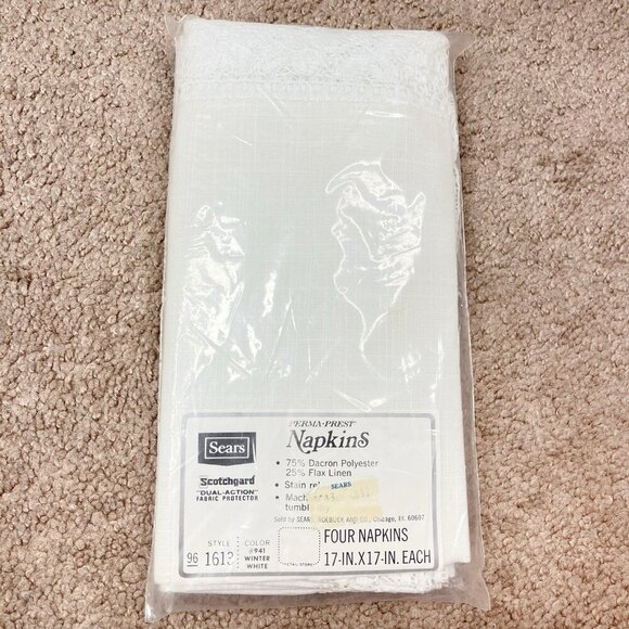 Sears VTG Napkins Set Of 4 “Winter White” Lace Polyester/Flax Linen 17”x17” NEW! - Picture 1 of 4
